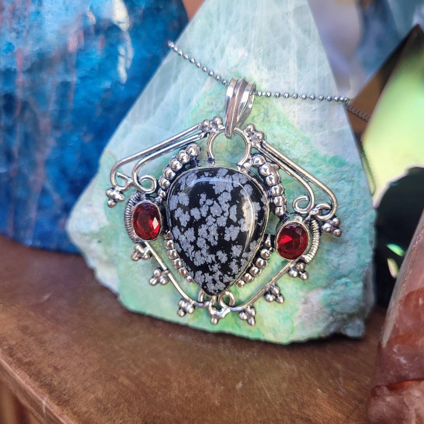 Snowflake Obsidian and Red Garnet necklace 925 silver pendant crystal healing natural stone