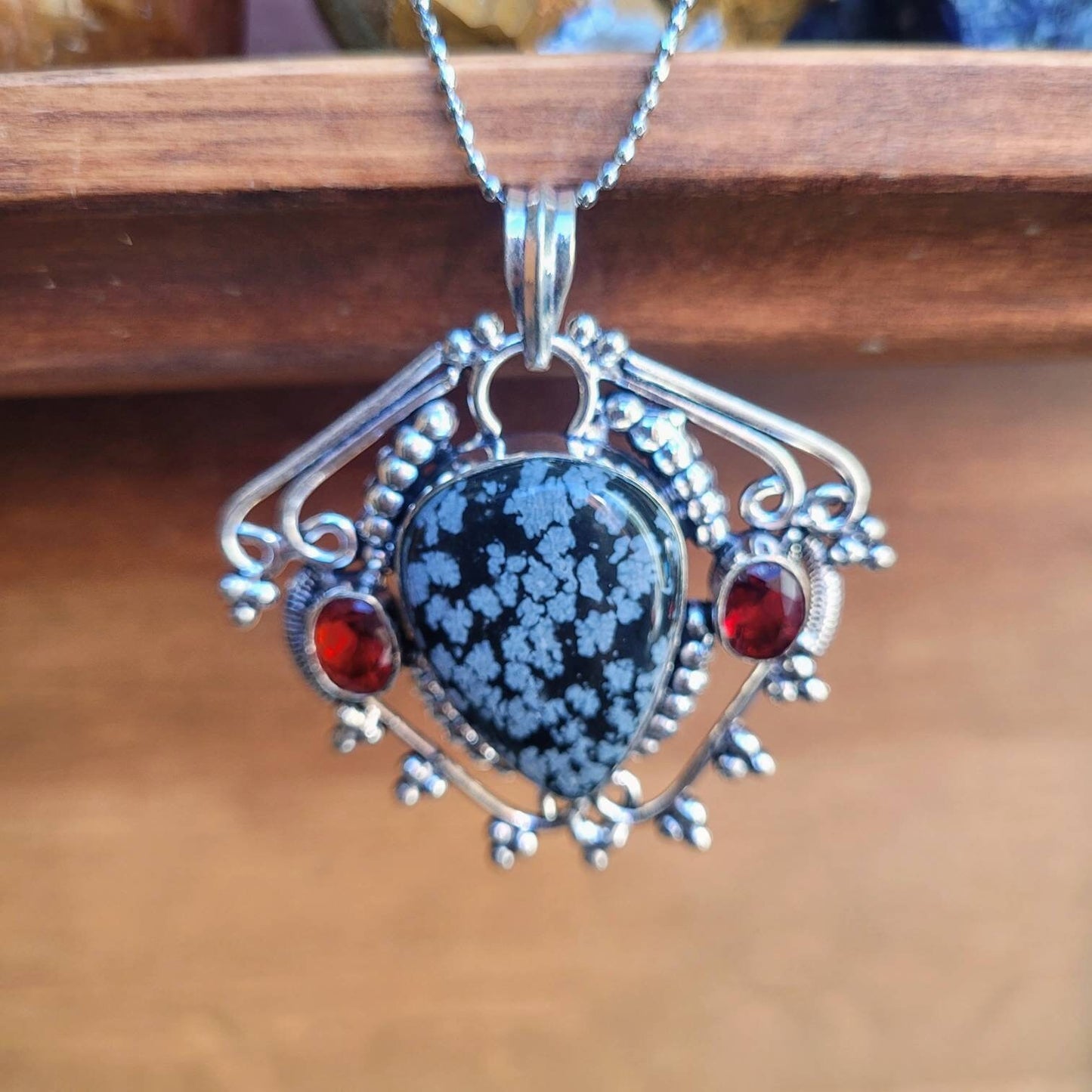 Snowflake Obsidian and Red Garnet necklace 925 silver pendant crystal healing natural stone