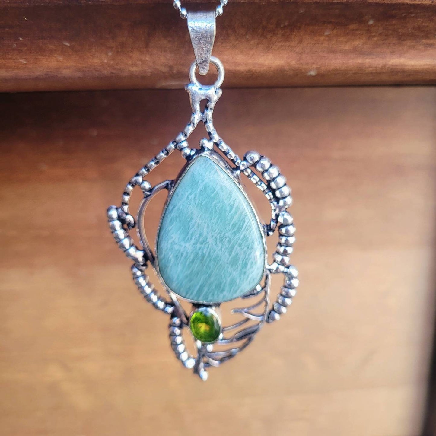 Amazonite and peridot pendant necklace natural stone 925 silver crystal healing