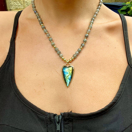 labradorite knotted necklace 16-18" heart pendant spiritual support, crystal healing natural stone