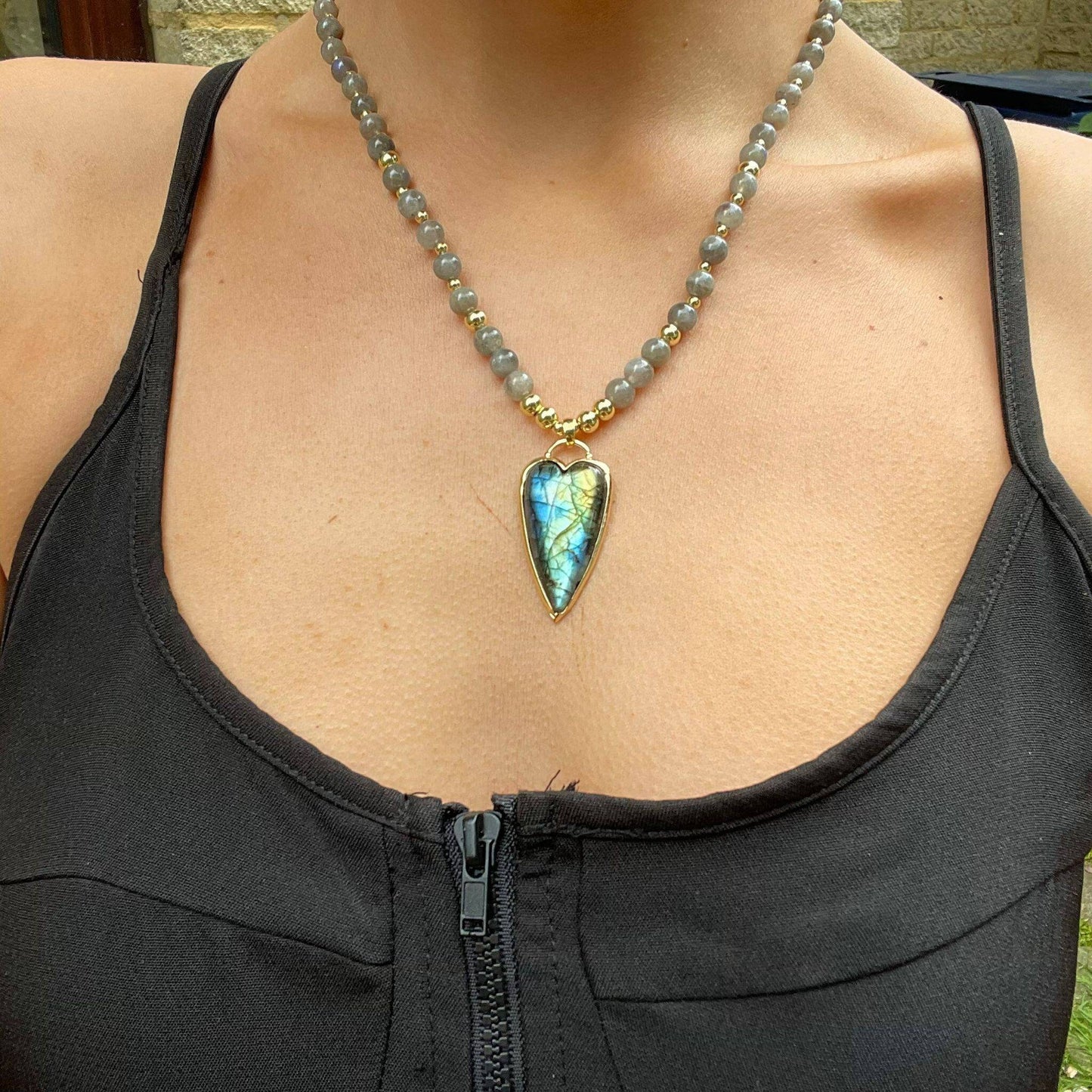 labradorite knotted necklace 16-18" heart pendant spiritual support, crystal healing natural stone