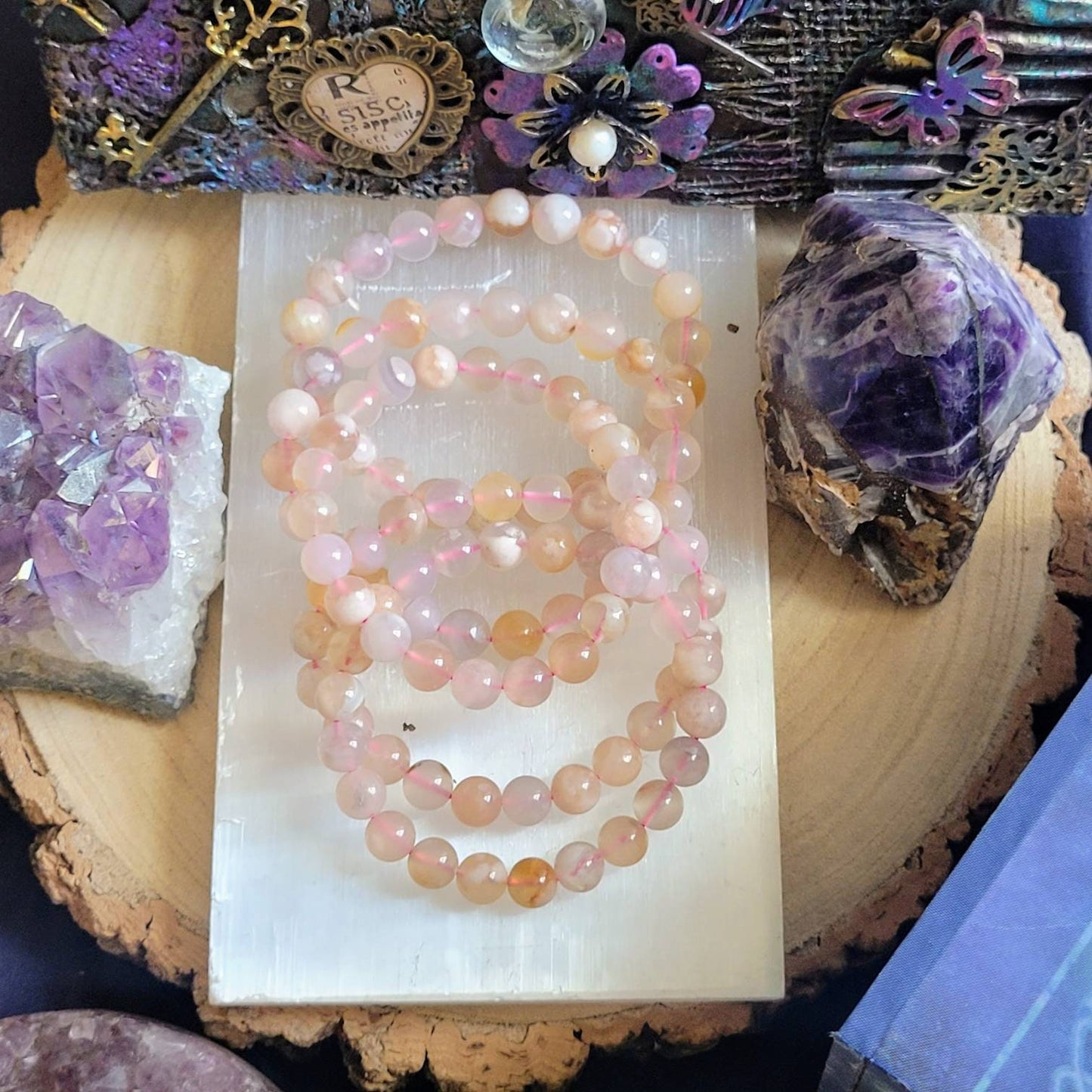 Flower agate bracelet crystal healing sakura agate Cherry blossom natural stone stacking stretch jewellery.