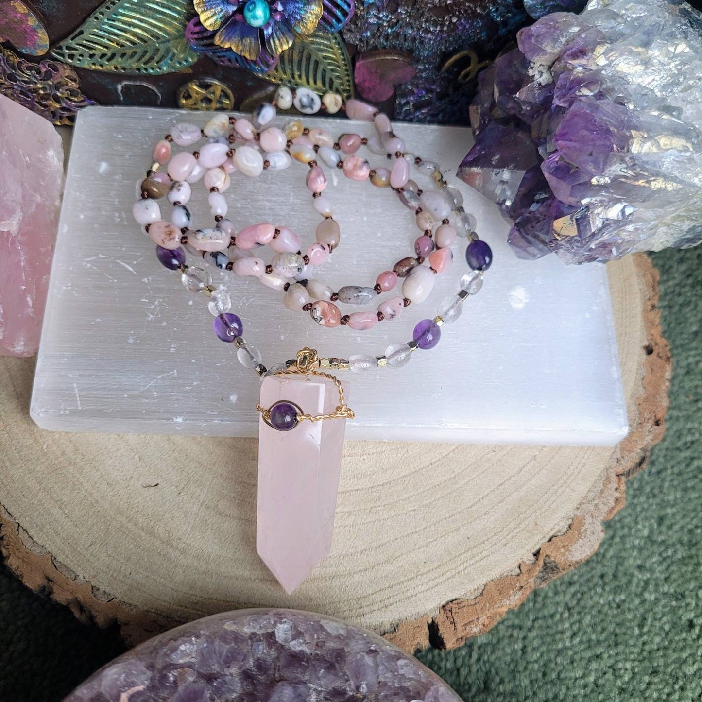 pink opal and amethyst necklace with rose quartz double terminated point knotted crystal healing gift for her