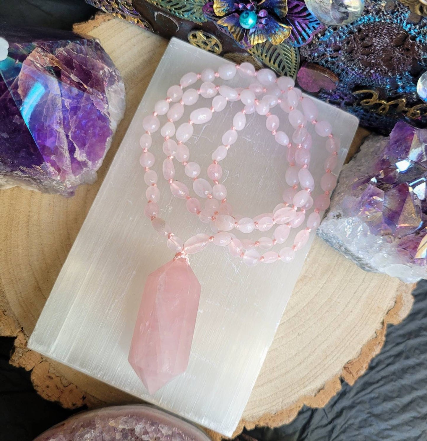 Rose Quartz Necklace with large double terminated Point pendant Crystal healing witchy jewellery gift for her heart chakra stone