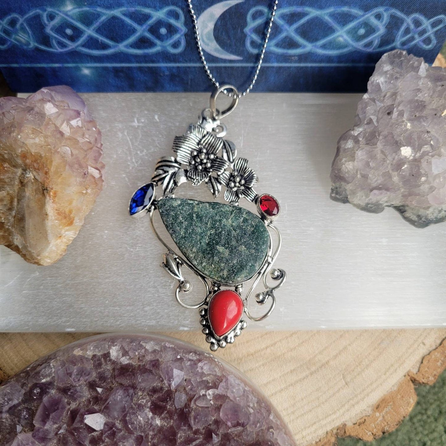 Fuchsite, red garnet , coral and topaz necklace in 925 silver pendant statement jewellery