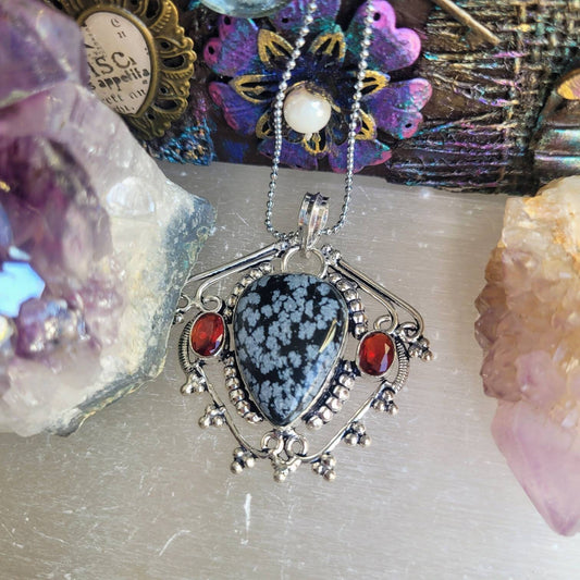 Snowflake Obsidian and Red Garnet necklace 925 silver pendant crystal healing natural stone