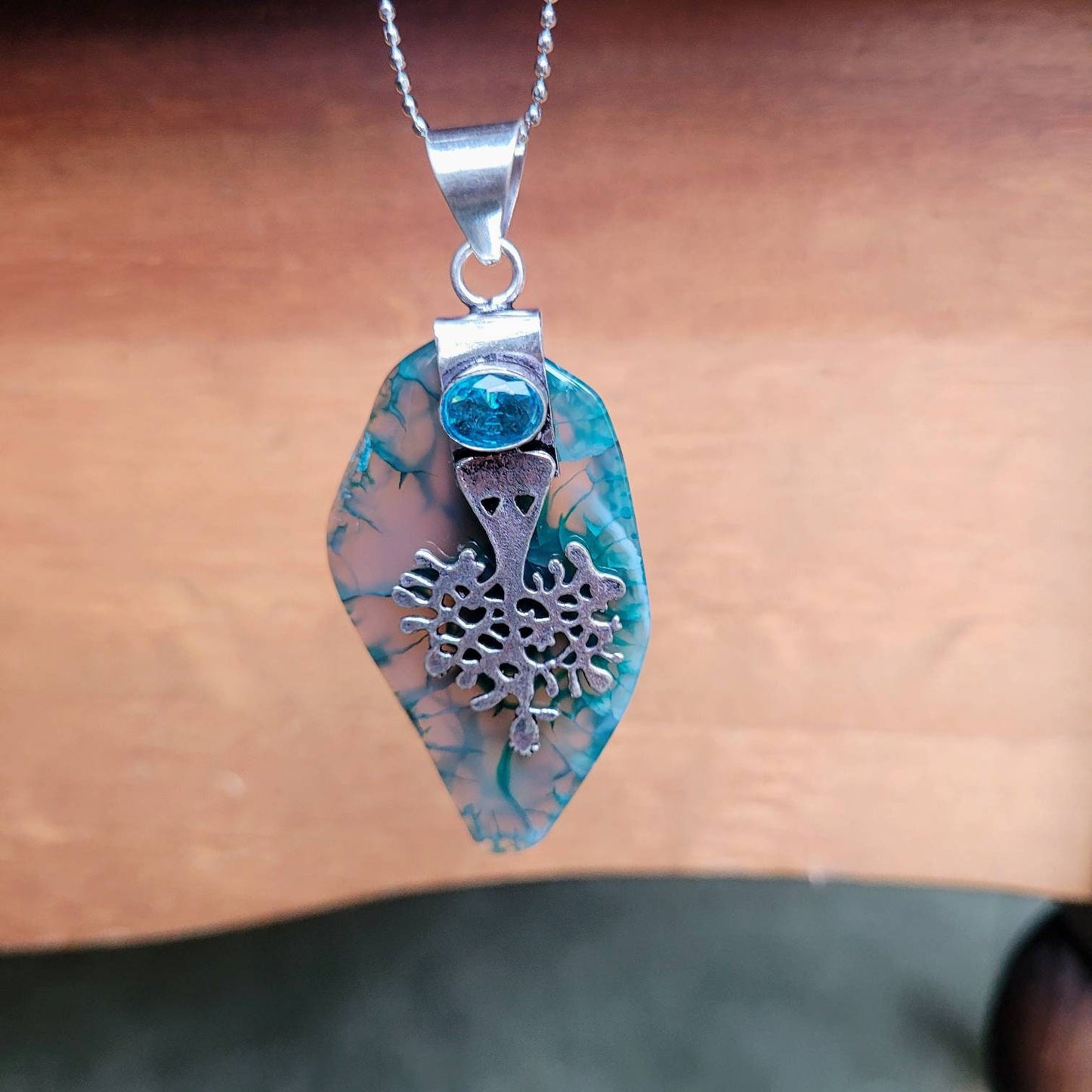 Dragons vein agate necklace pendant with blue topaz 925 silver Crystal healing  natural stone