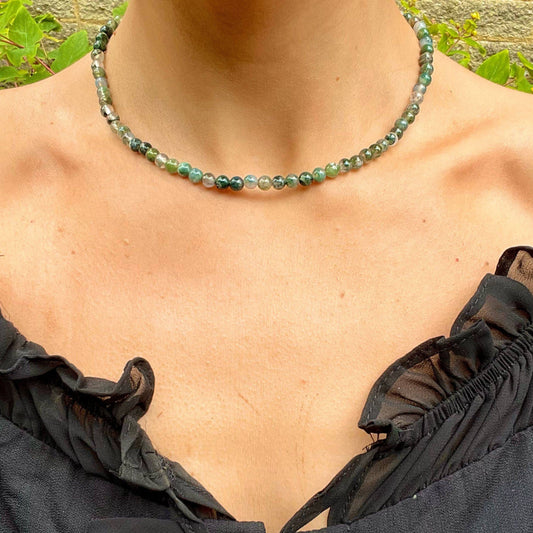 Green moss agate choker necklace minimalist crystal healing natural stone