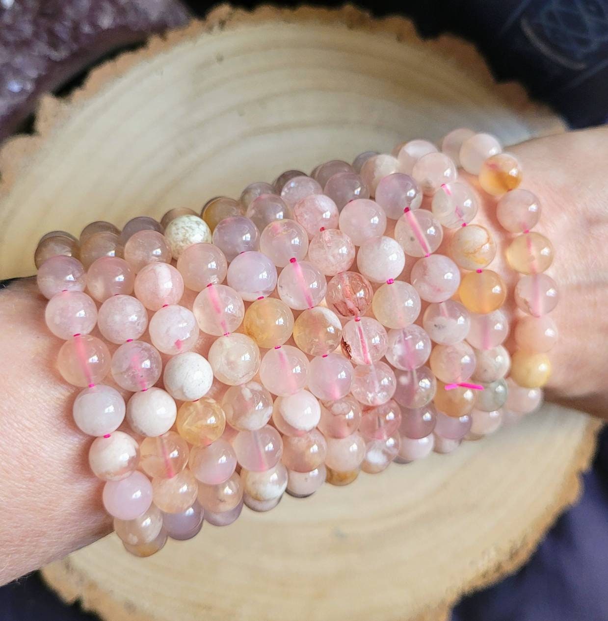 Flower agate bracelet crystal healing sakura agate Cherry blossom natural stone stacking stretch jewellery.