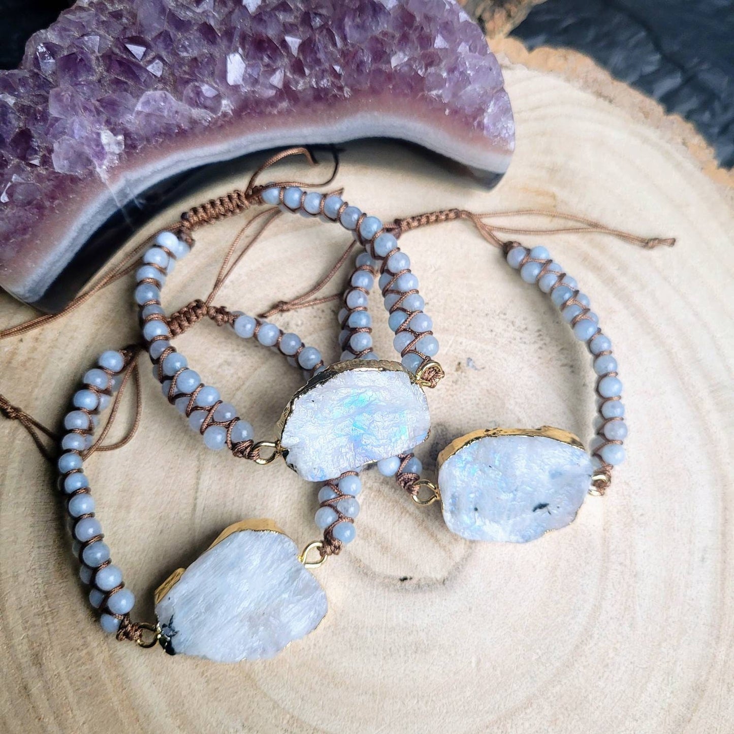 Rainbow moonstone adjustable bracelet gift for her raw stone witchy jewellery for women