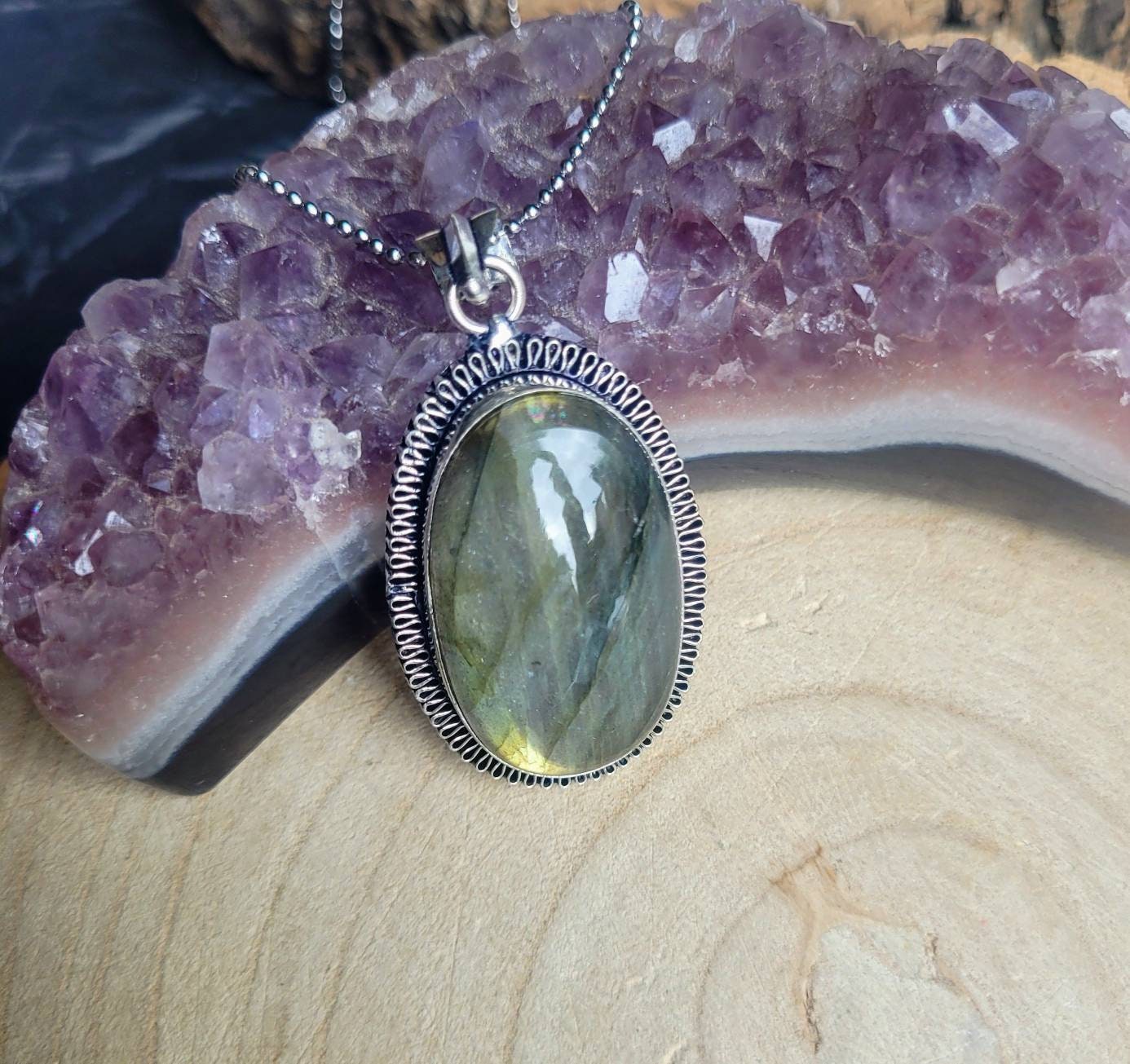 Labradorite necklace pendant in 925 silver crystal healing natural stone witchy jewellery for women or men gift for him or her