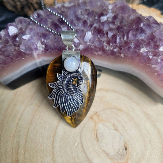 Tigers eye necklace and moonstone Pendant 925 silver Crystal healing natural stone