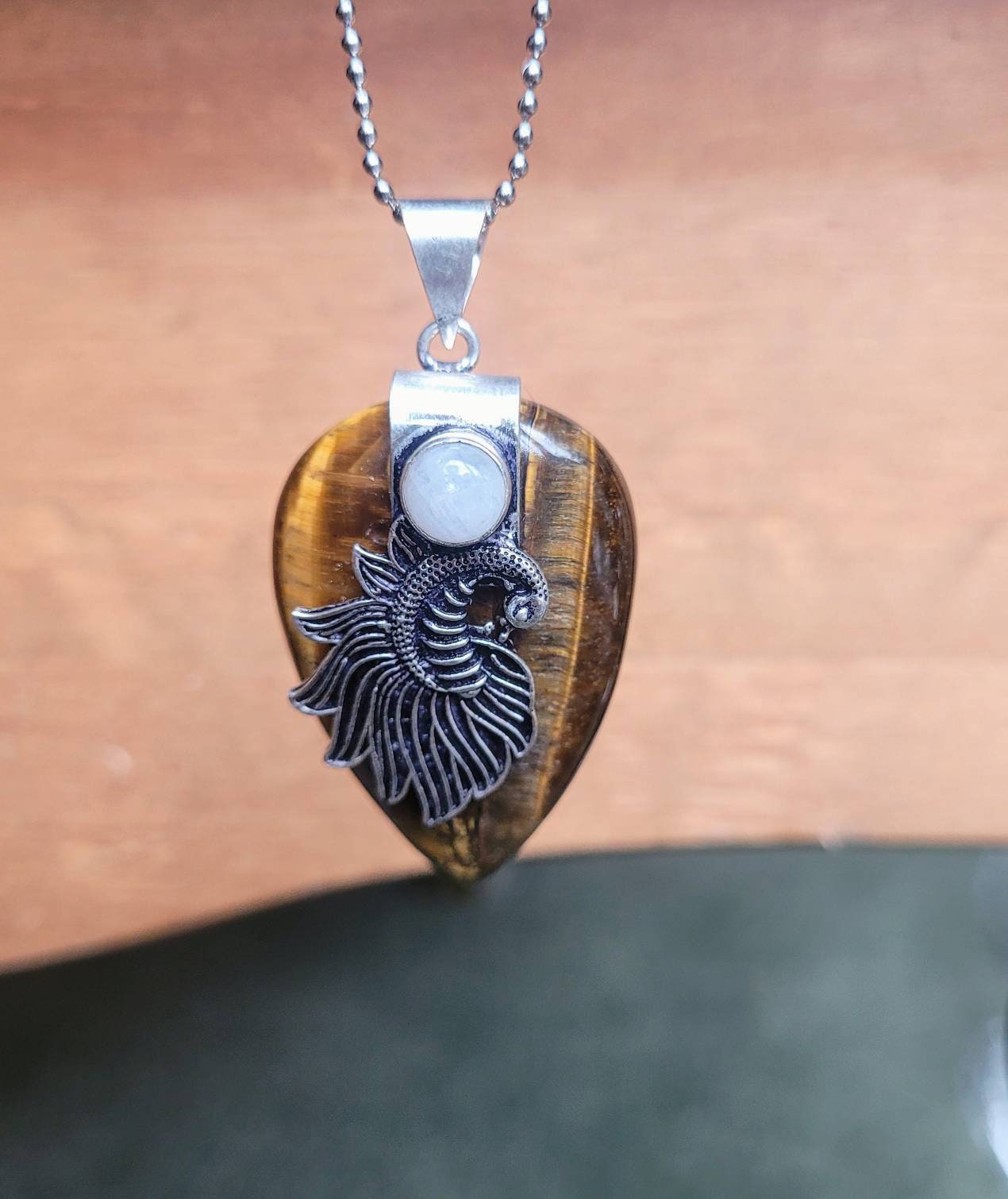 Tigers eye necklace and moonstone Pendant 925 silver Crystal healing natural stone