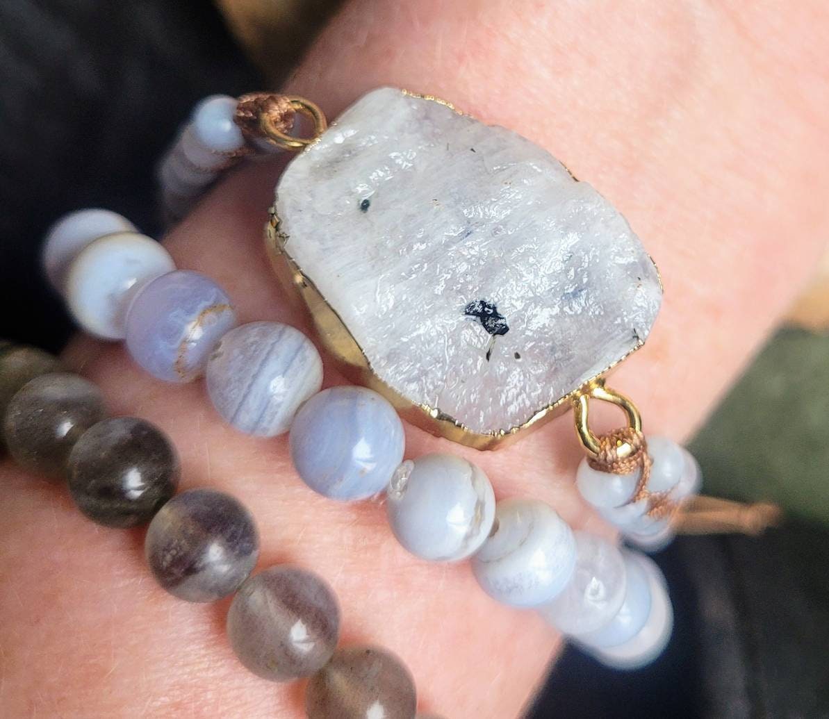 Rainbow moonstone adjustable bracelet gift for her raw stone witchy jewellery for women