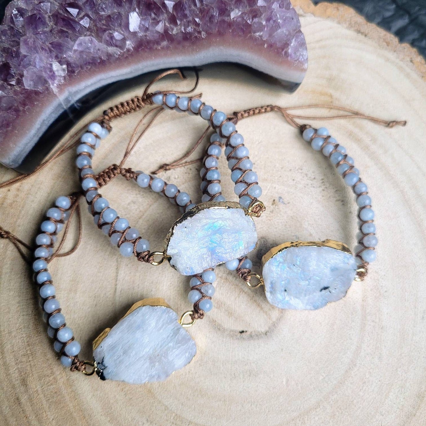 Rainbow moonstone adjustable bracelet gift for her raw stone witchy jewellery for women