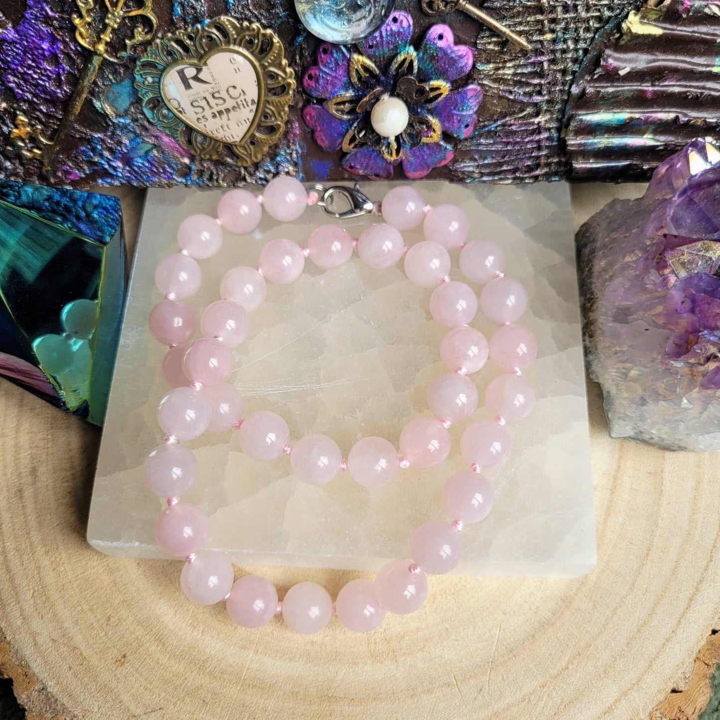 Rose Quartz beaded necklace crystal healing gemstone jewellery Heart chakra gift for her