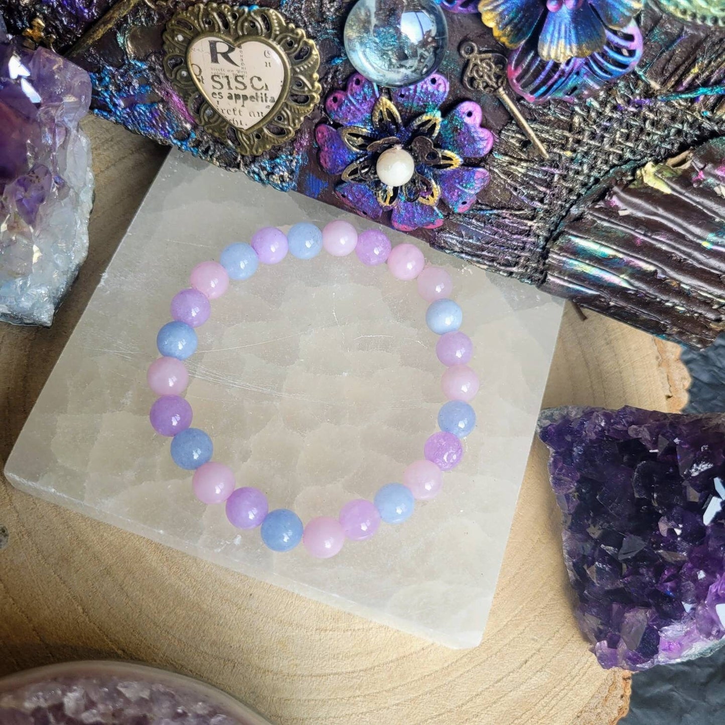 Rose Quartz aquamarine and lavender amethyst Bracelet crystal healing natural stone heart stretch stacking women's jewellery