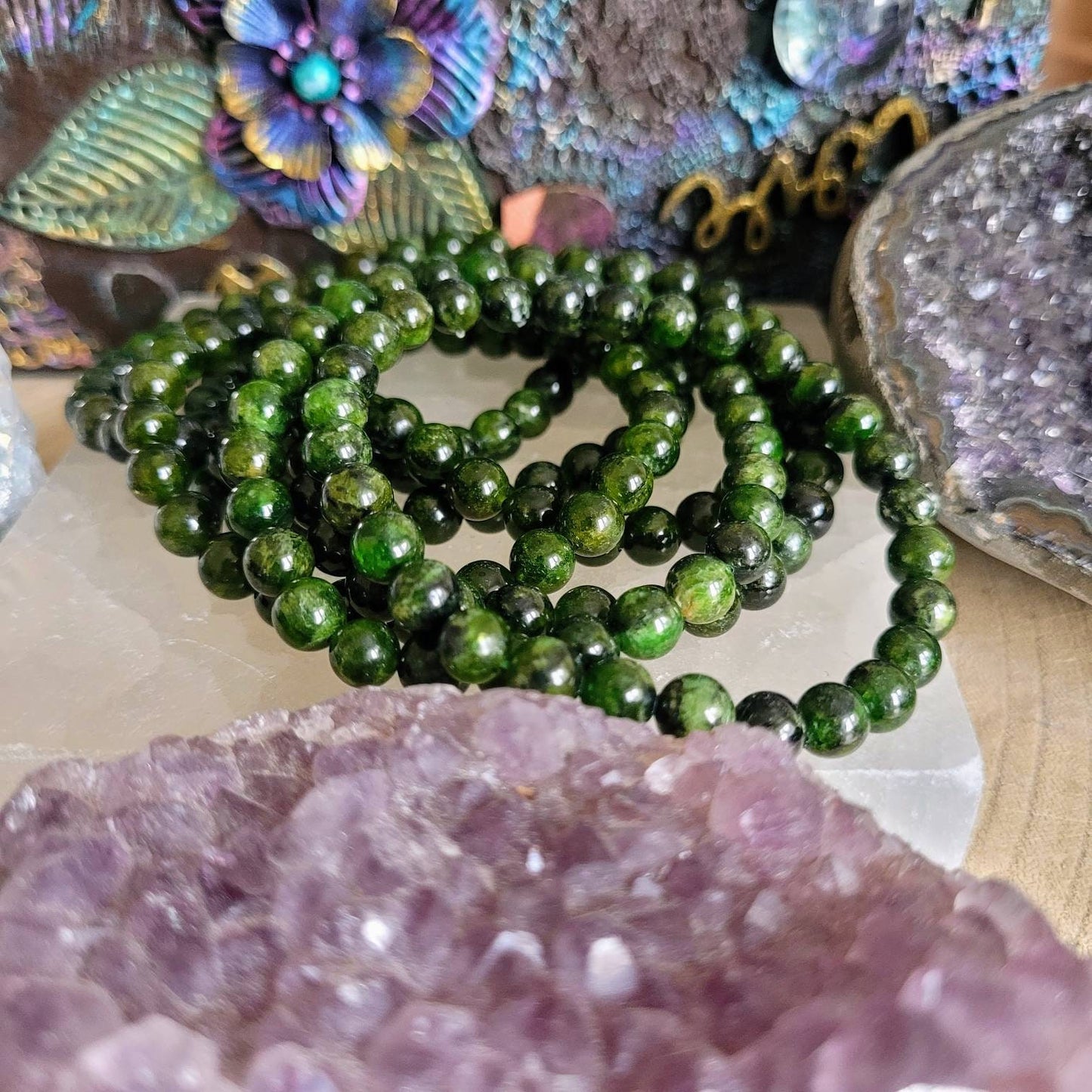 Diopside bracelet Crystal Healing natural Stone stretch stacking jewellery- Heart Chakra Awakening, Compassion, Forgiveness