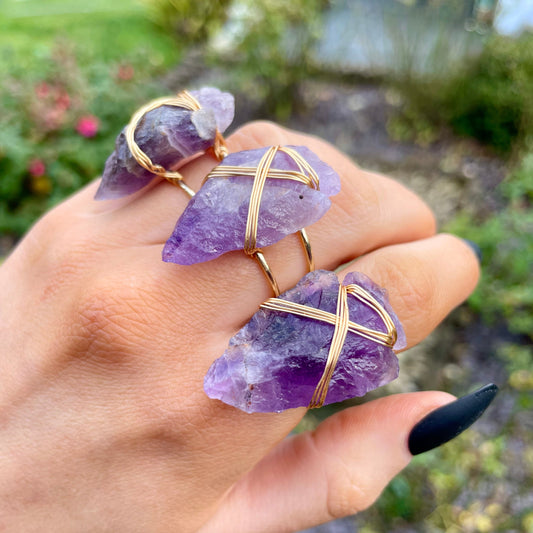 Amethyst raw adjustable ring wire wrapped raw arrow protection stone