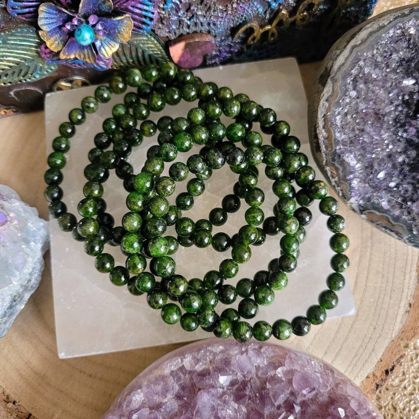 Diopside bracelet Crystal Healing natural Stone stretch stacking jewellery- Heart Chakra Awakening, Compassion, Forgiveness