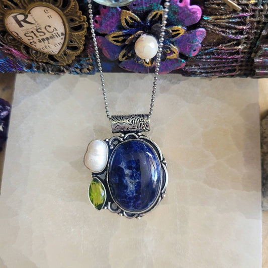 sodalite peridot and pearl pendant necklace in 925 silver, crystal healing natural stone