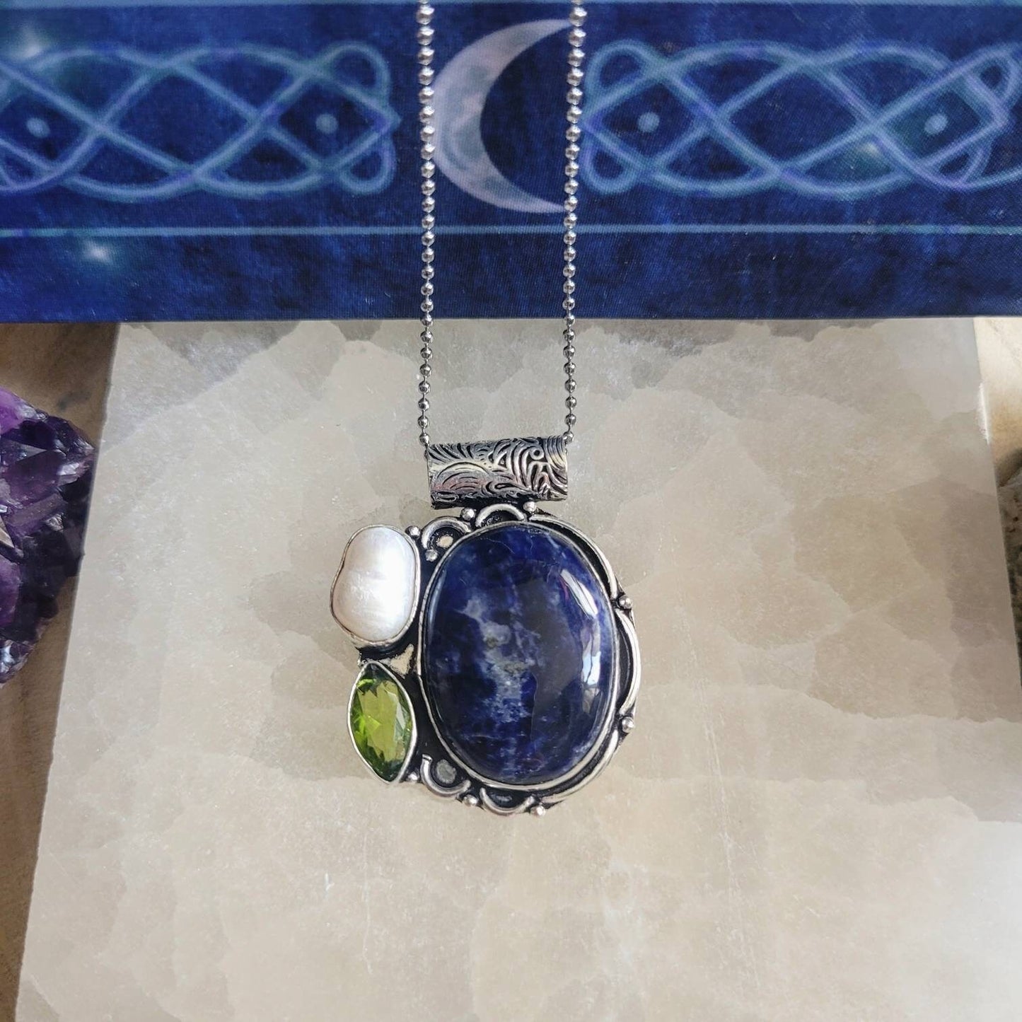 sodalite peridot and pearl pendant necklace in 925 silver, crystal healing natural stone