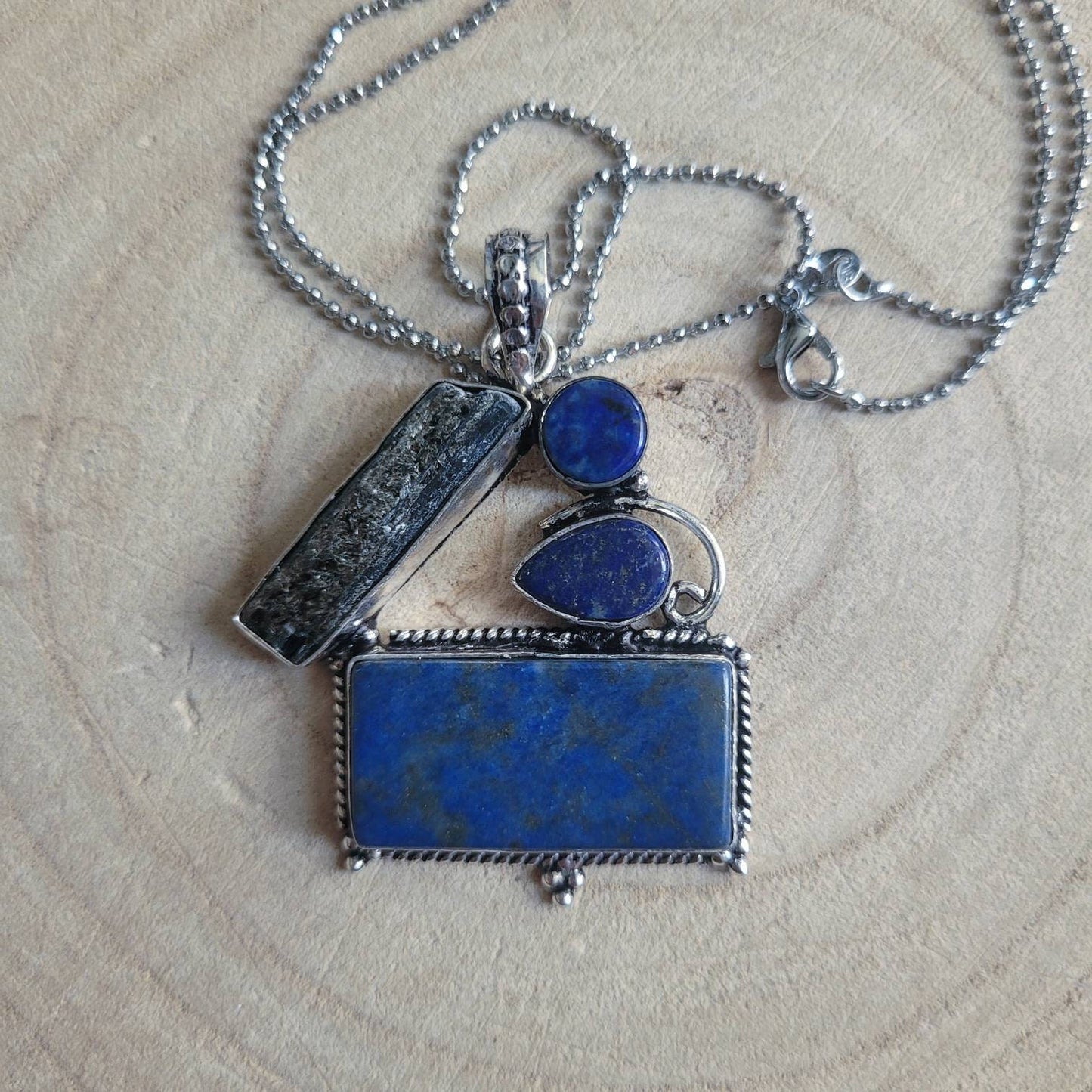 Lapis lazuli and kyanite pendant necklace in 925 silver crystal healing natural stone statement jewelry