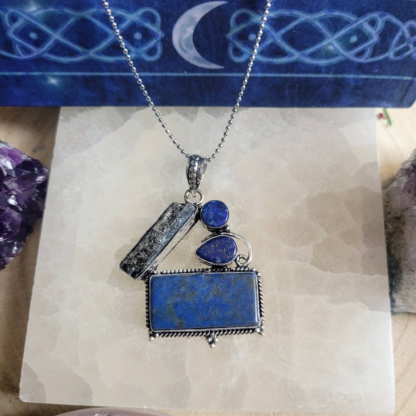 Lapis lazuli and kyanite pendant necklace in 925 silver crystal healing natural stone statement jewelry