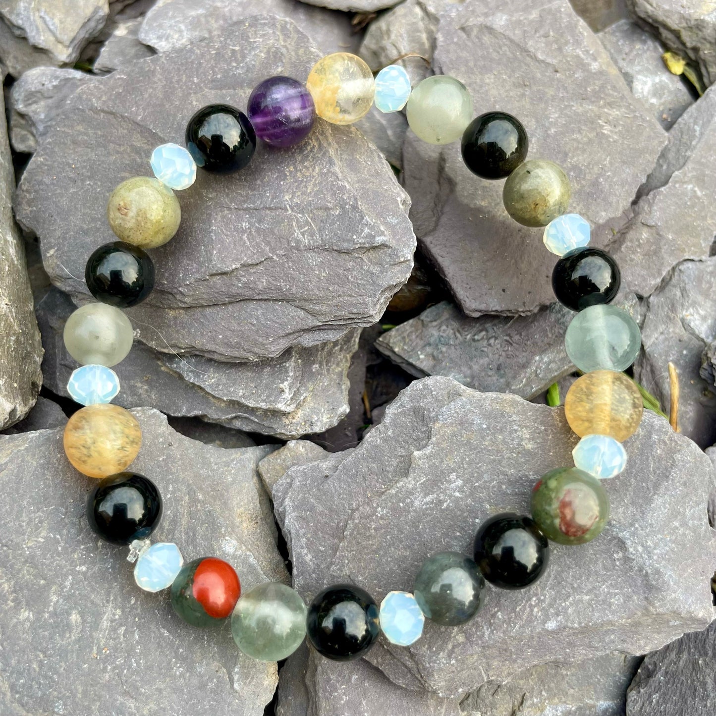 Aura Protection Bracelet crystal healing  Labradorite, Fluorite, Citrine, Black Obsidian and black tourmaline natural stone