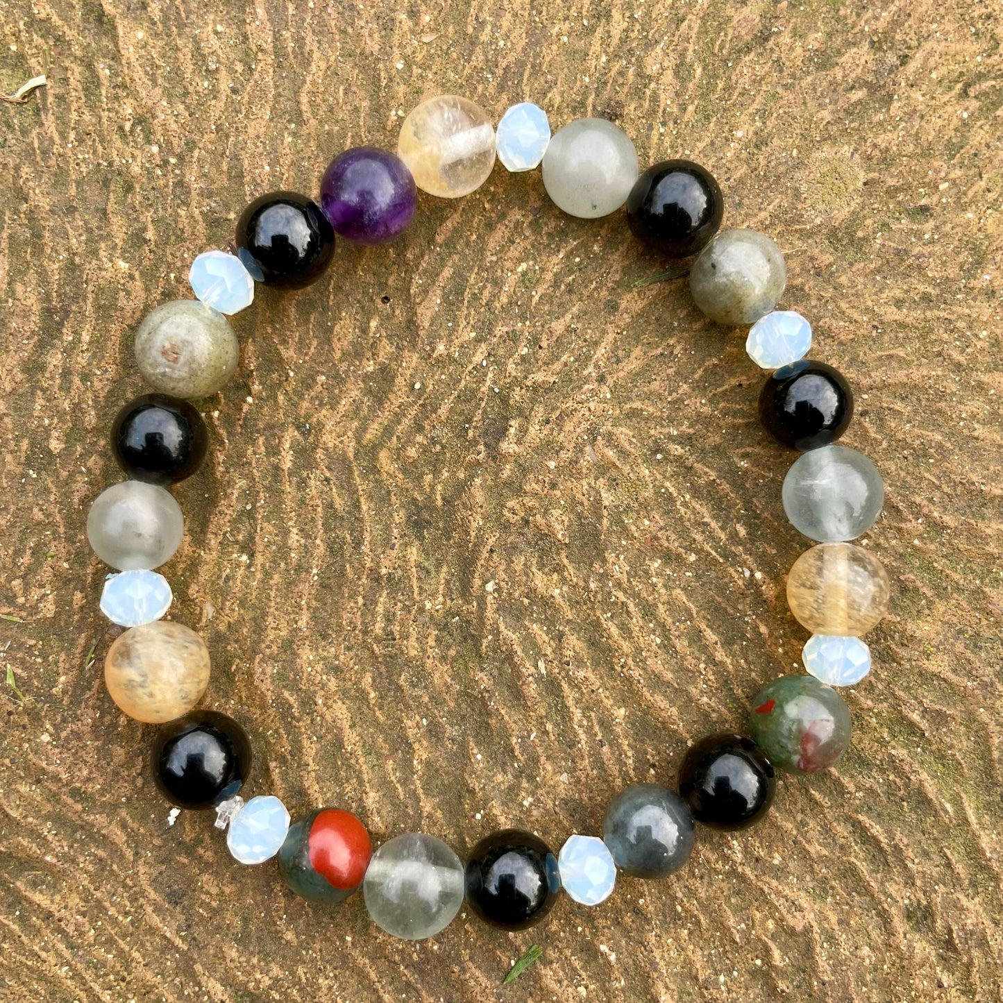 Aura Protection Bracelet crystal healing  Labradorite, Fluorite, Citrine, Black Obsidian and black tourmaline natural stone