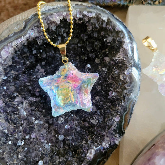 Angel Aura Quartz pendant necklace star crystal healing natural stone- Master Healer, Amplifier, Creativity, Attunement, Romance