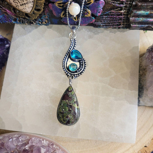 Dragons blood jasper pendant and blue topaz necklace in 925 silver crystal healing protection amulet natural stone