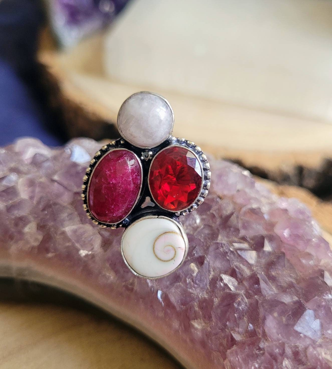 Red garnet ruby moonstone and shiva eye ring size 8.5/Q encased in 925 silver crystal energy