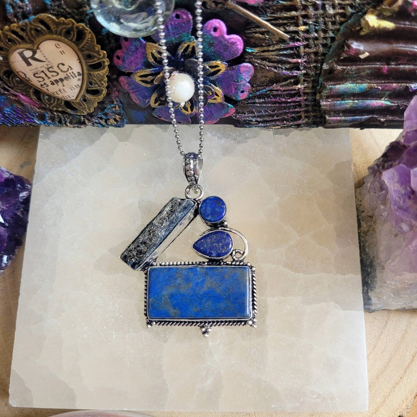 Lapis lazuli and kyanite pendant necklace in 925 silver crystal healing natural stone statement jewelry