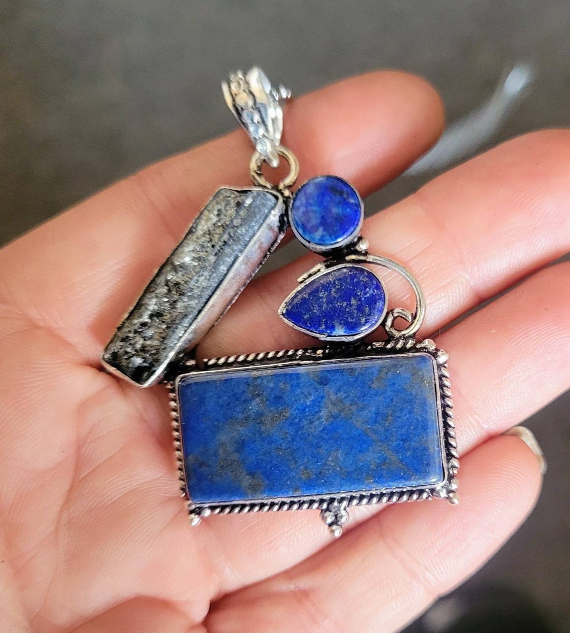 Lapis lazuli and kyanite pendant necklace in 925 silver crystal healing natural stone statement jewelry