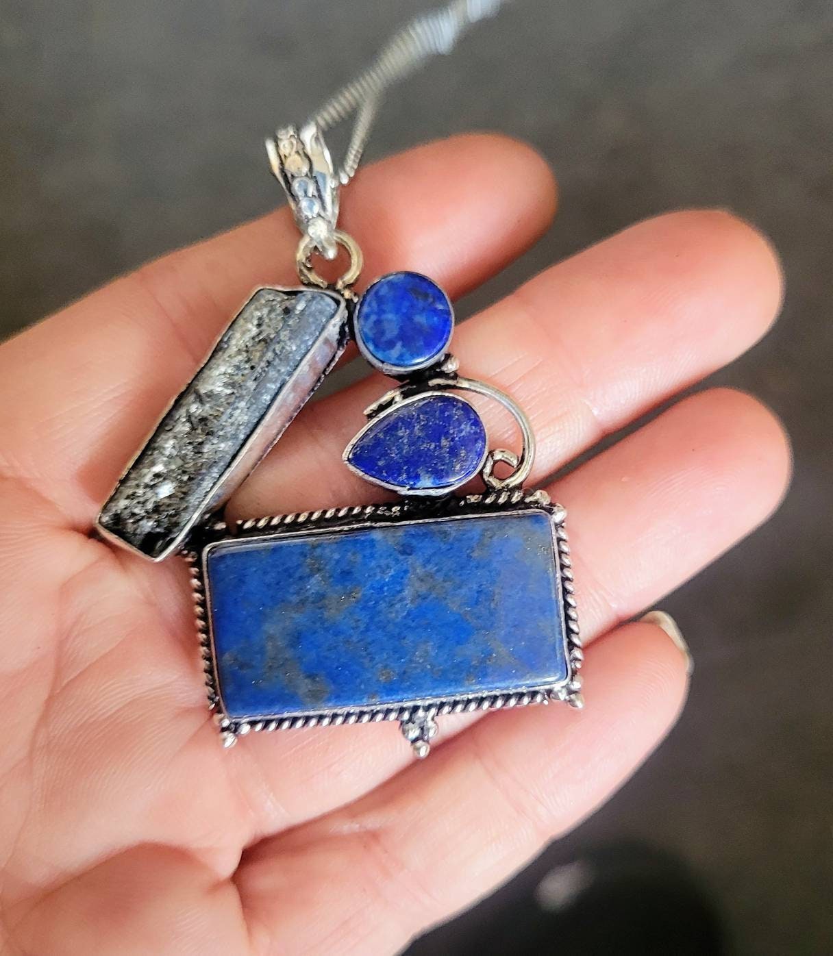 Lapis lazuli and kyanite pendant necklace in 925 silver crystal healing natural stone statement jewelry