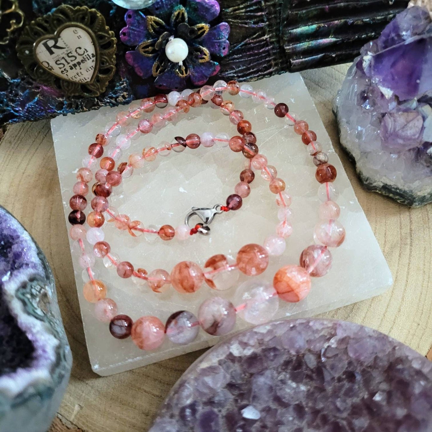 Fire quartz beaded necklace and bracelet set crystal healing jewellery gift for her hematoid gemstone jewelry