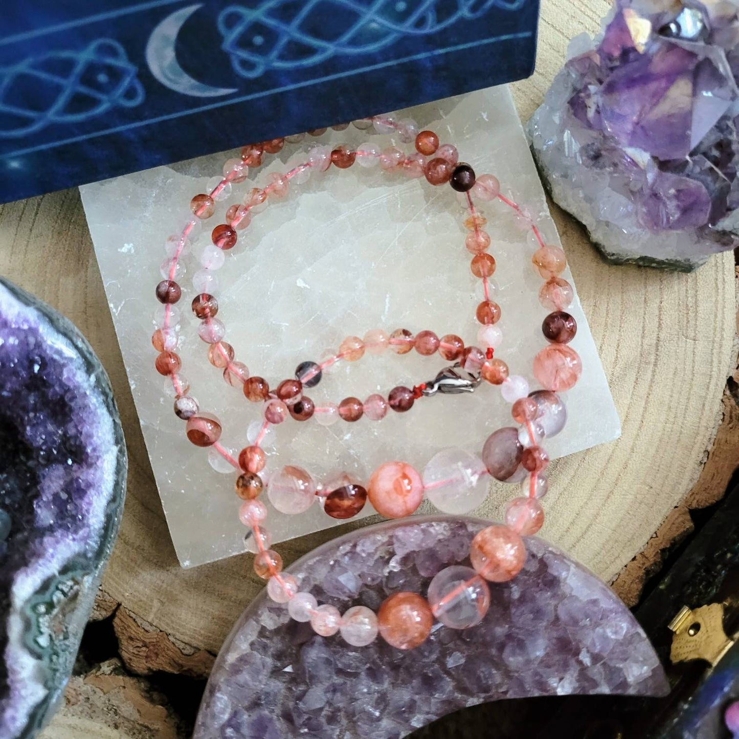 Fire quartz beaded necklace and bracelet set crystal healing jewellery gift for her hematoid gemstone jewelry