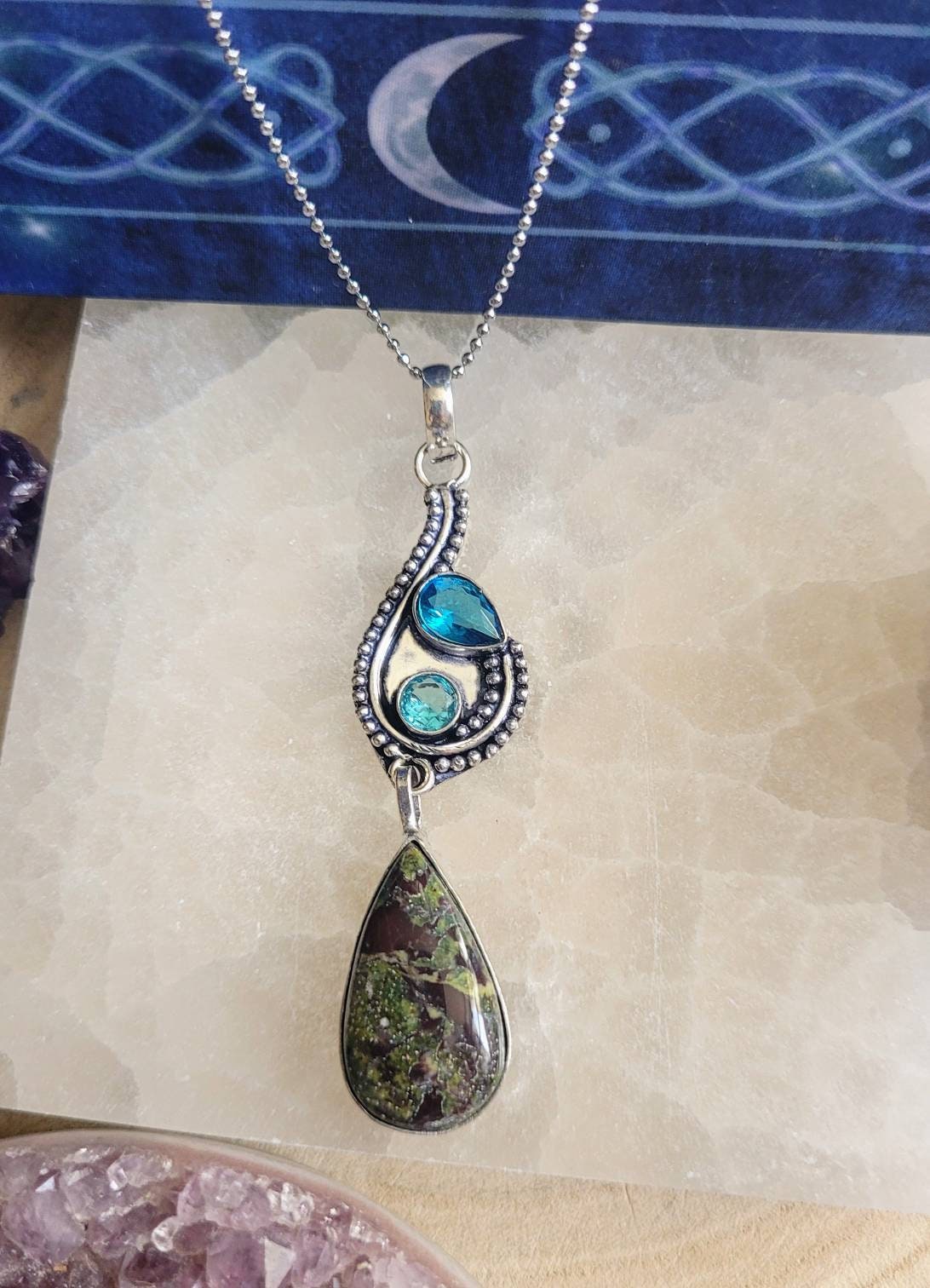 Dragons blood jasper pendant and blue topaz necklace in 925 silver crystal healing protection amulet natural stone