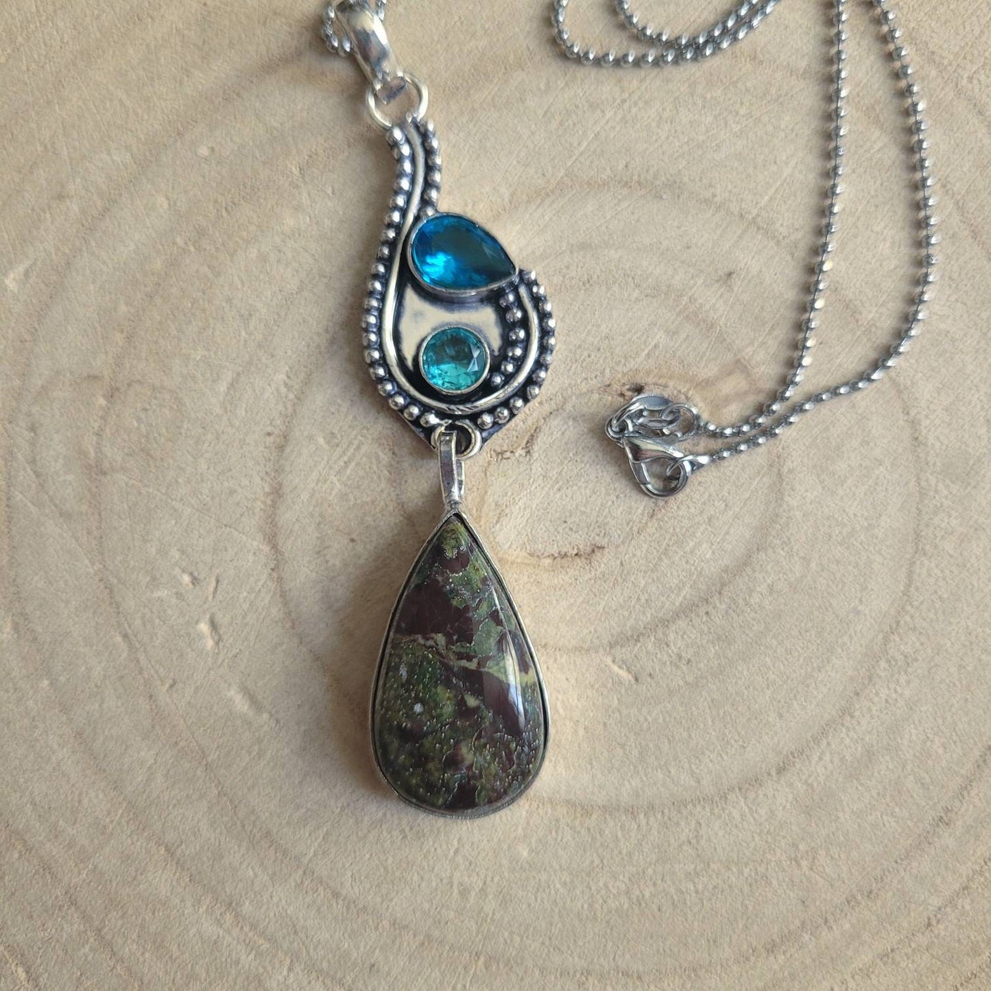 Dragons blood jasper pendant and blue topaz necklace in 925 silver crystal healing protection amulet natural stone