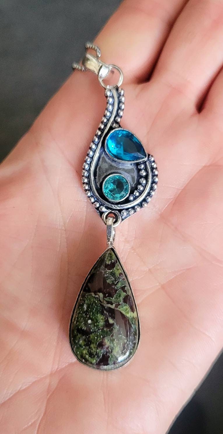 Dragons blood jasper pendant and blue topaz necklace in 925 silver crystal healing protection amulet natural stone