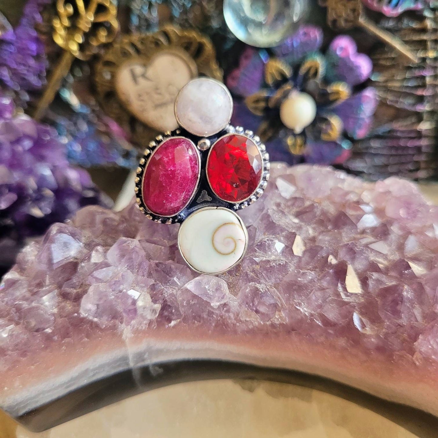 Red garnet ruby moonstone and shiva eye ring size 8.5/Q encased in 925 silver crystal energy