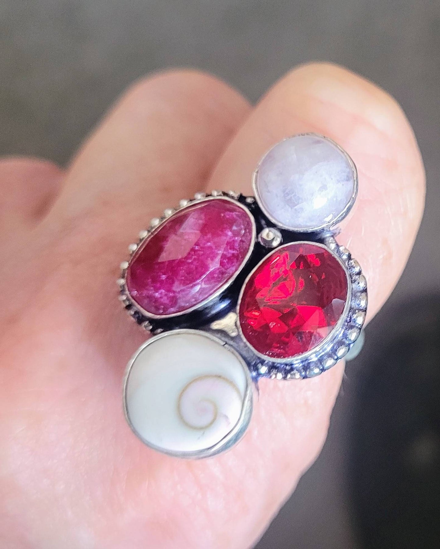 Red garnet ruby moonstone and shiva eye ring size 8.5/Q encased in 925 silver crystal energy