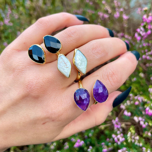 Amethyst ring adjustable size crystal healing black obsidian natural stone Pearl jewellery polished crystals witchy jewelry boho style