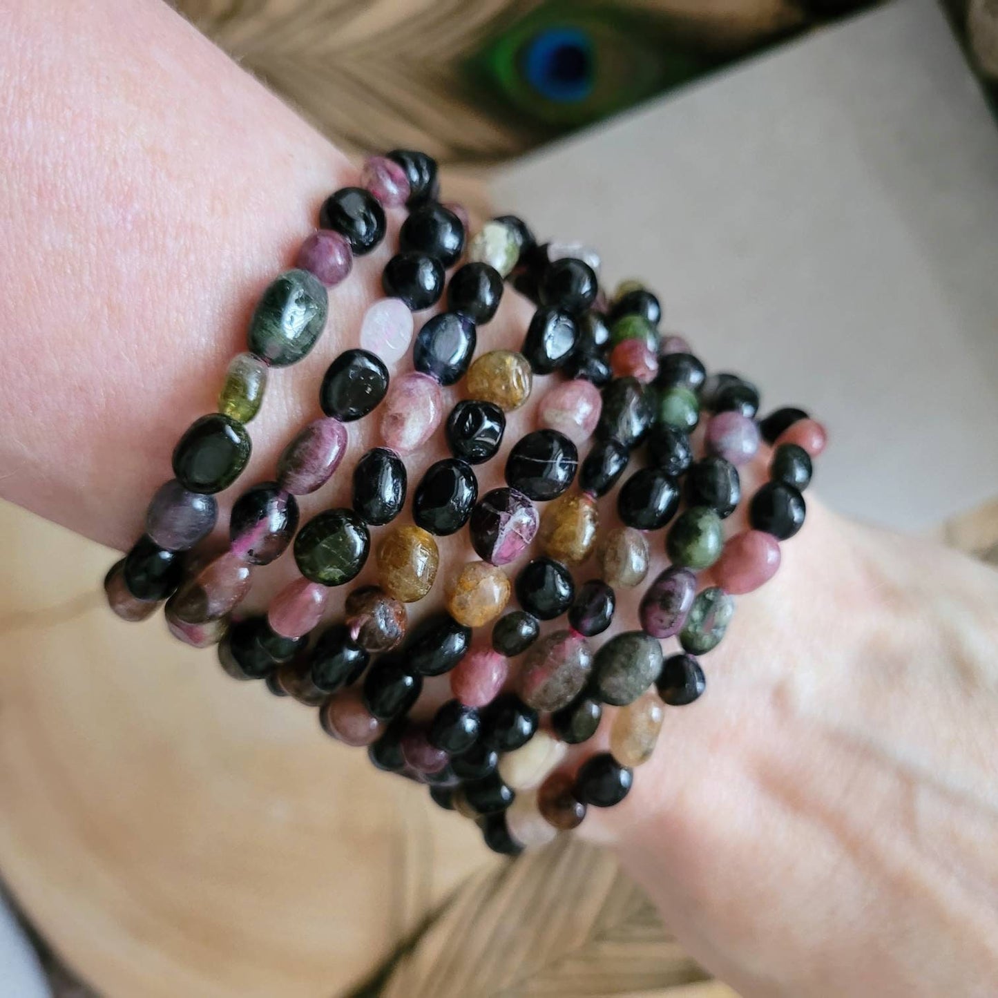 Mixed Tourmaline nugget bracelet crystal healing natural stone jewelry stretchy stacking bracelet