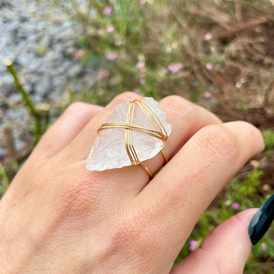 Clear Quartz Ring Wire Wrapped Adjustable Size Arrowhead Ring Crystal Healing Jewellery Crown Chakra Support