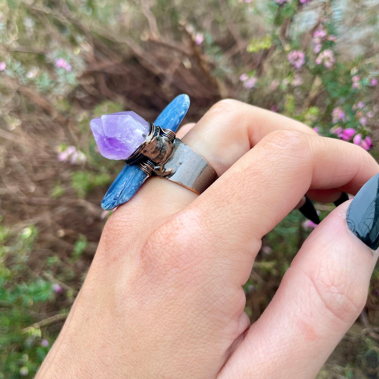 Kyanite Ring with Amethyst Raw Cluster Adjustable Size Antique Style  Gold Crystal Healing Ring Throat and Third Eye Chakra Support