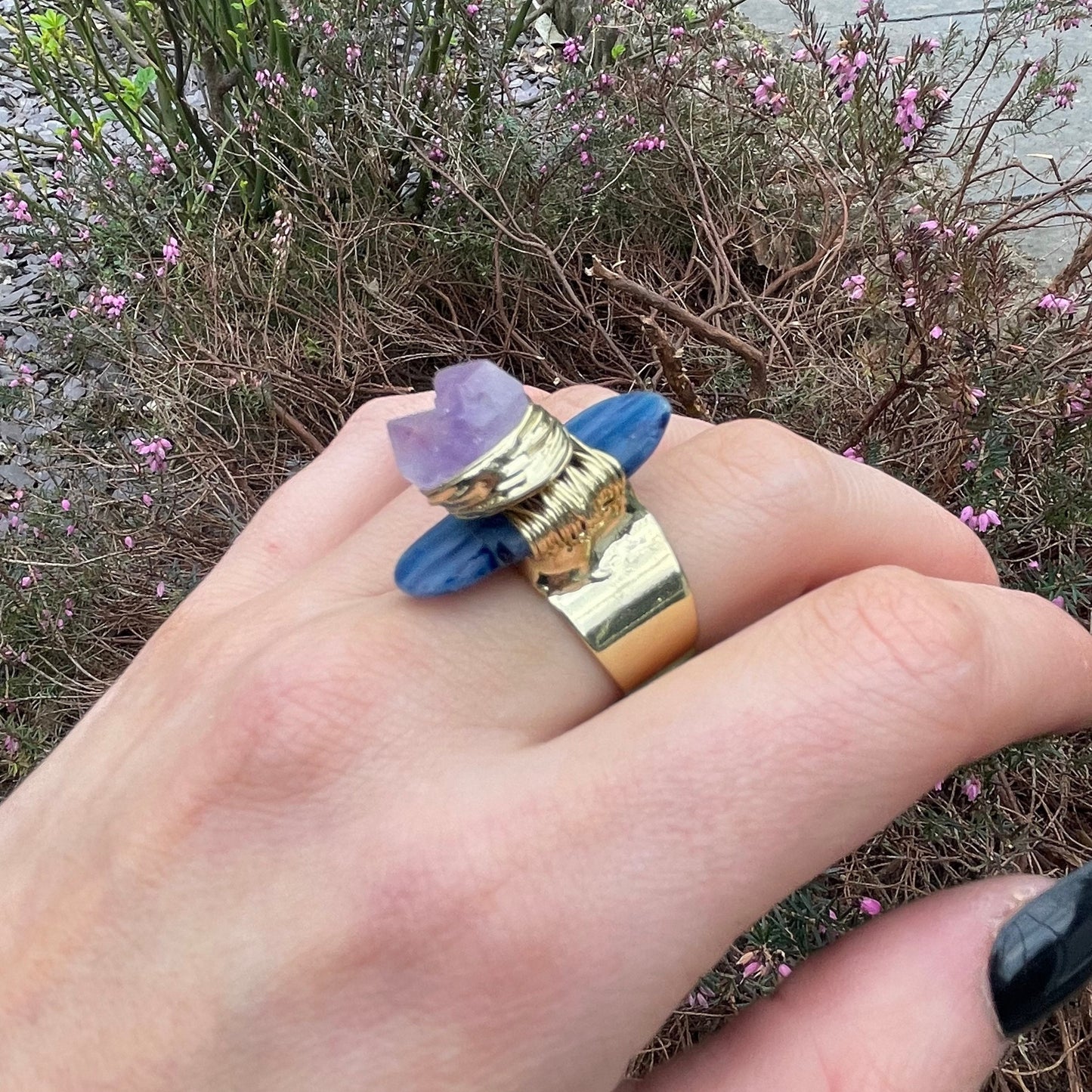 Kyanite Ring with Amethyst Raw Cluster Adjustable Size Antique Style  Gold Crystal Healing Ring Throat and Third Eye Chakra Support