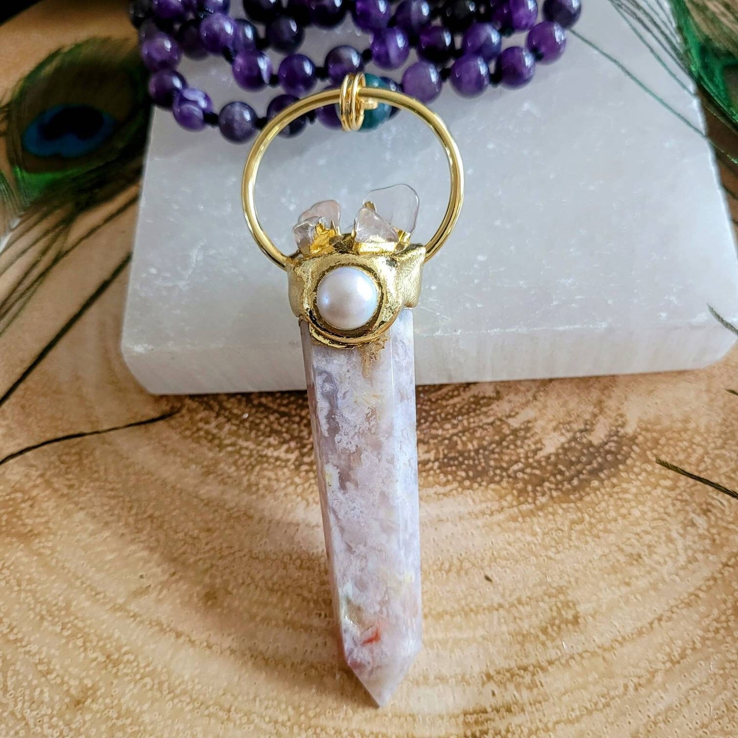 Amethyst knotted necklace flower agate point pendant natural stone crystal healing jewelry witchy statement jewellery gift for her