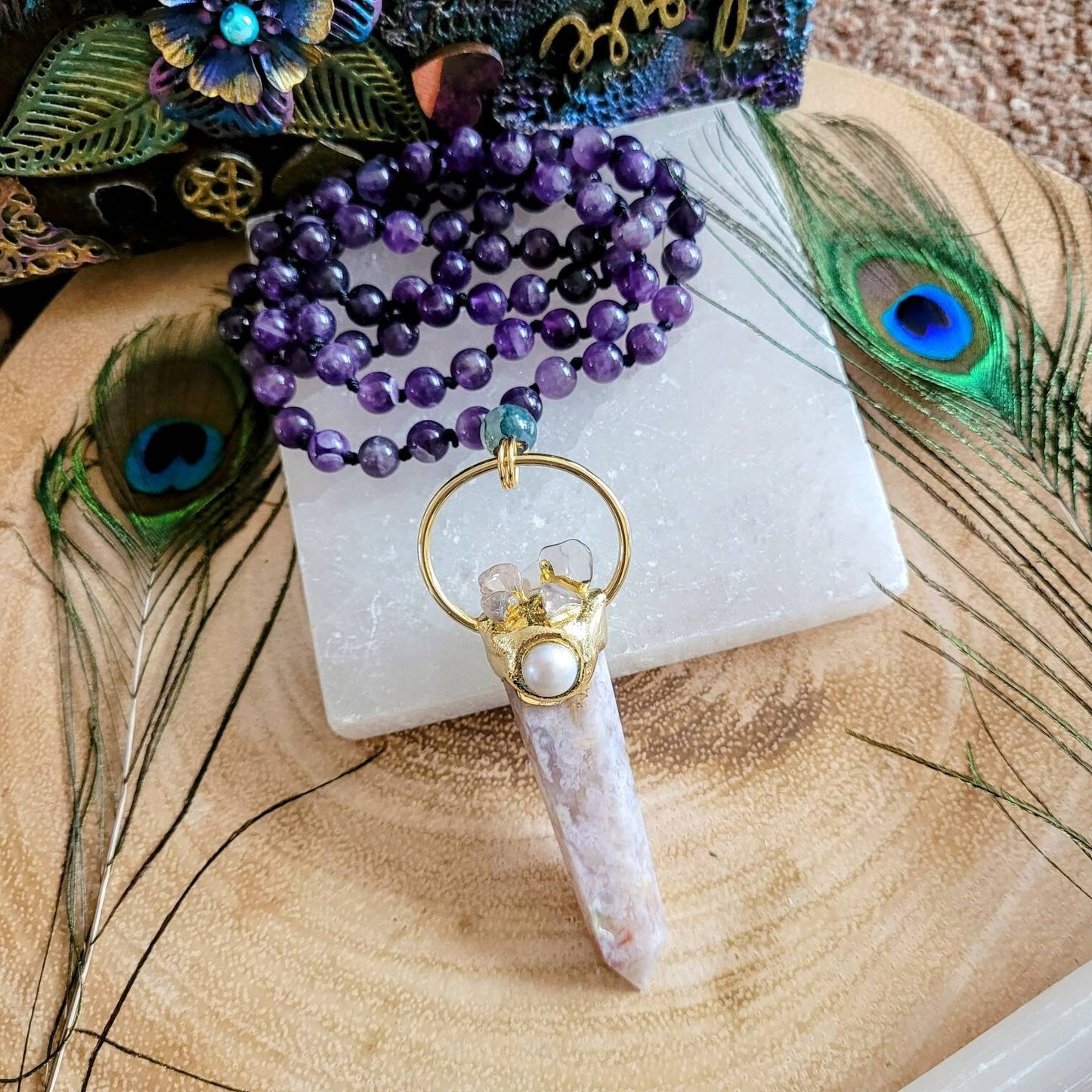 Amethyst knotted necklace flower agate point pendant natural stone crystal healing jewelry witchy statement jewellery gift for her